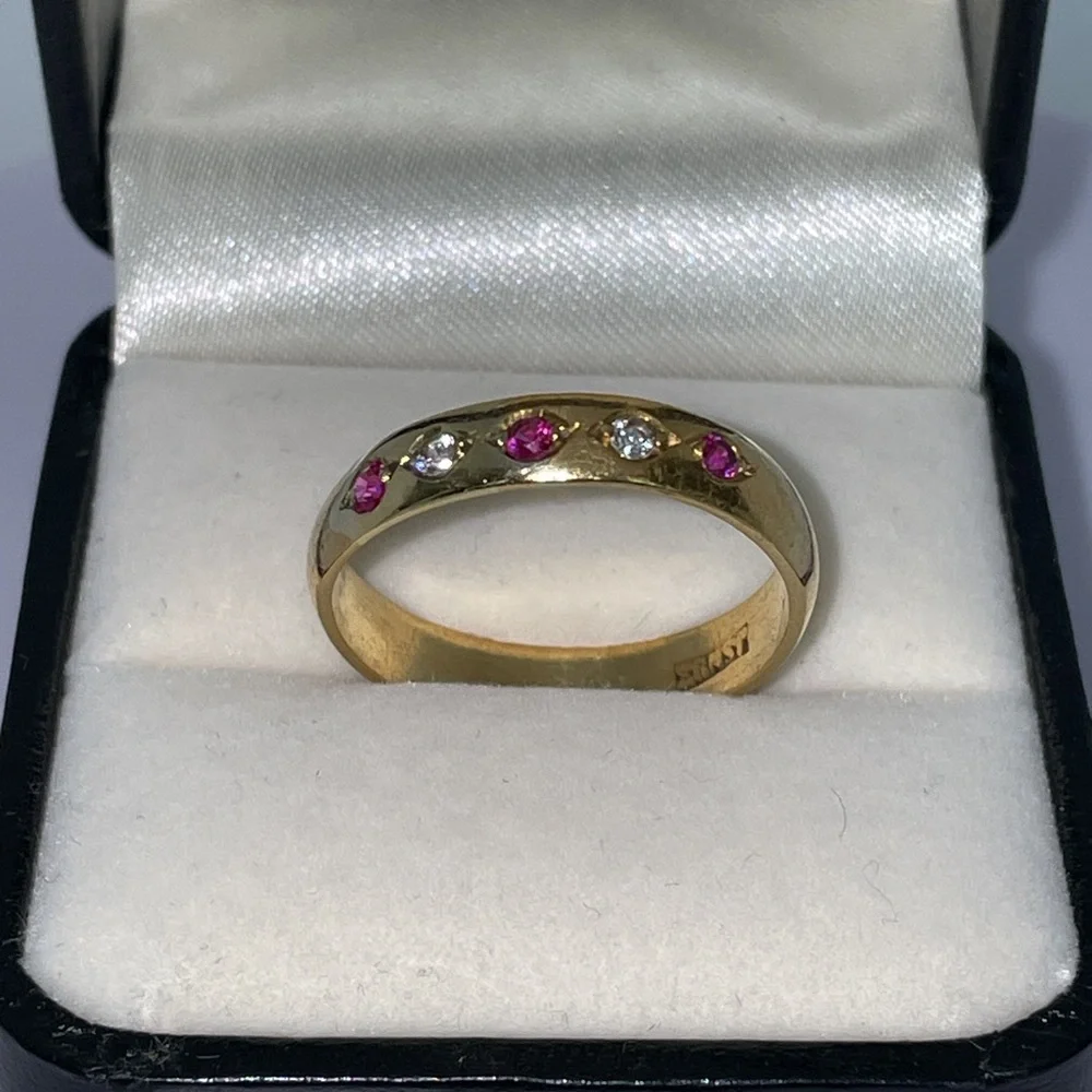 Antique ERNST Solid 14K Yellow Gold Synthetic Ruby Faux Diamond Unisex Band Ring